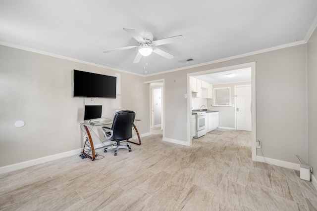 office featuring ornamental molding, sink, and ceiling fan