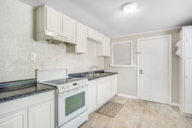 kitchen featuring ornamental molding, sink, white cabinetry, and electric stove