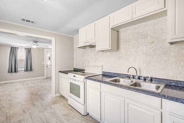 kitchen with white cabinetry, electric stove, ornamental molding, and sink