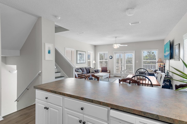 kitchen featuring white cabinetry, ceiling fan, a textured ceiling, and dark hardwood / wood-style flooring