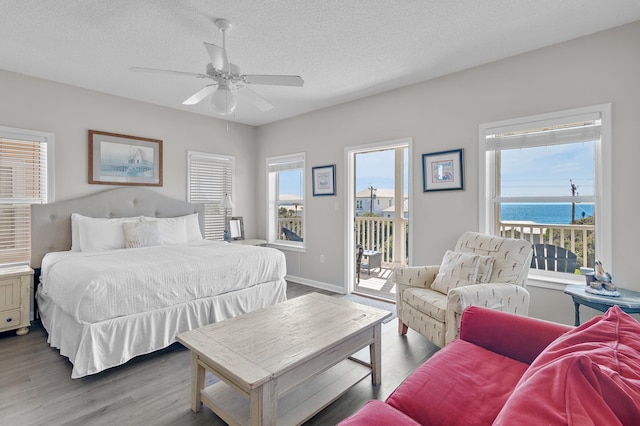 bedroom featuring a water view, multiple windows, and access to exterior