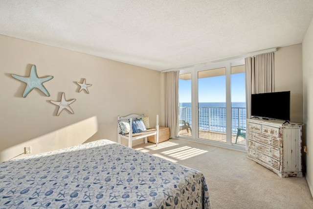 bedroom with expansive windows, a textured ceiling, access to outside, and light carpet