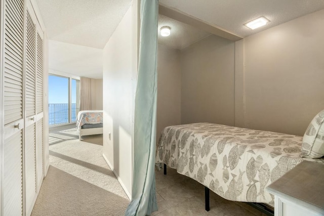 bedroom featuring a water view and a textured ceiling