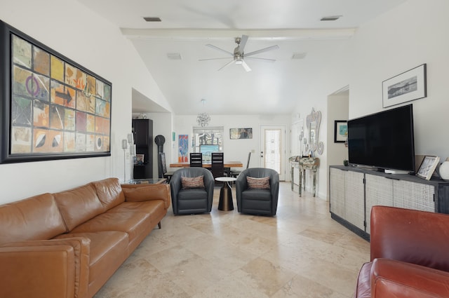 living room featuring beamed ceiling, high vaulted ceiling, and ceiling fan