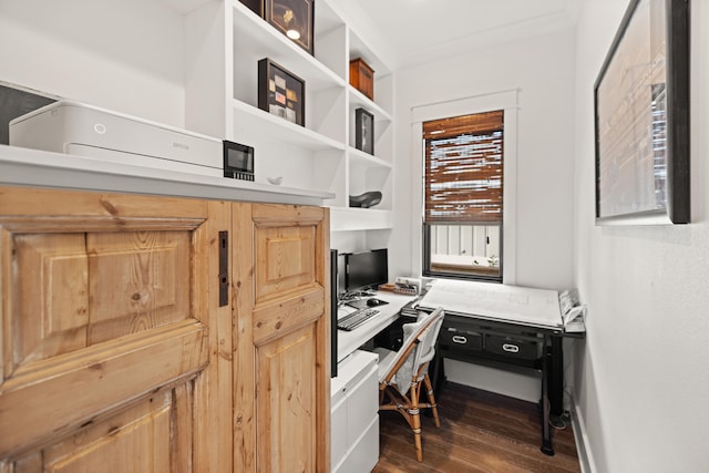 office space with dark hardwood / wood-style flooring and built in desk