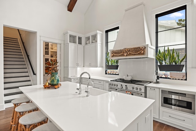 kitchen with appliances with stainless steel finishes, custom range hood, a kitchen island with sink, white cabinets, and dark hardwood / wood-style floors