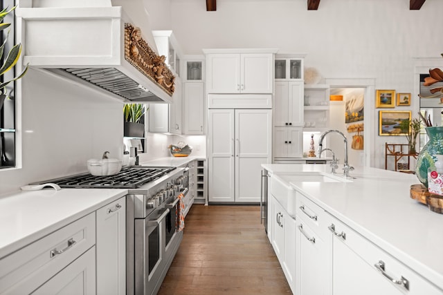 kitchen with sink, dark hardwood / wood-style flooring, premium range hood, double oven range, and white cabinets