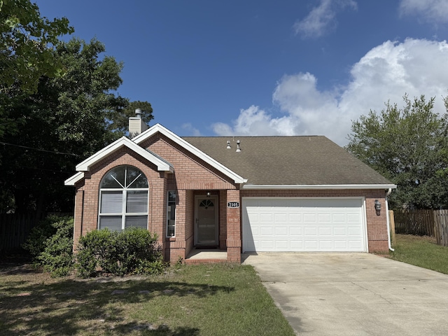 ranch-style house with a chimney, brick siding, fence, concrete driveway, and an attached garage