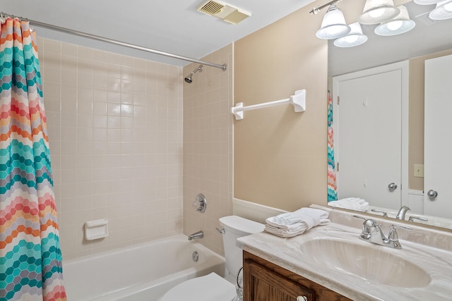 full bathroom with vanity, toilet, and shower / bathtub combination with curtain