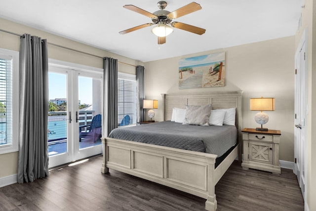 bedroom with access to exterior, ceiling fan, multiple windows, and dark hardwood / wood-style flooring