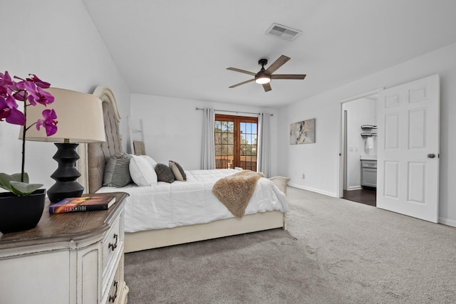 bedroom featuring baseboards, visible vents, dark colored carpet, and a ceiling fan