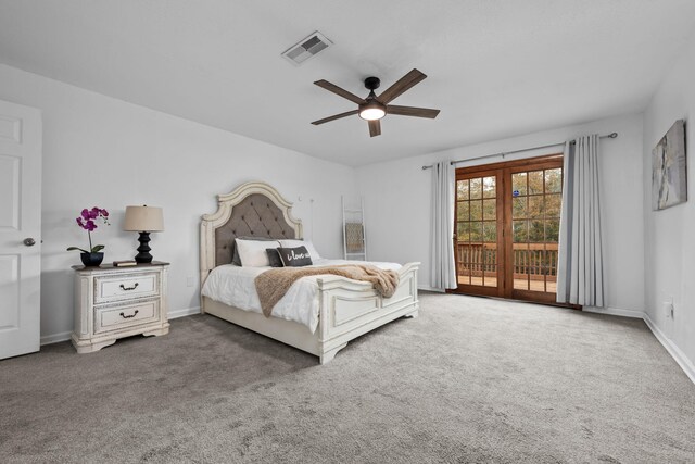 carpeted bedroom with a ceiling fan, access to outside, visible vents, and baseboards