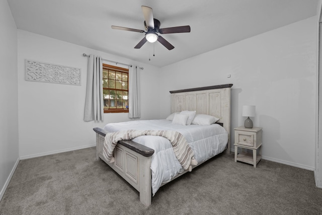 bedroom with light carpet, a ceiling fan, and baseboards