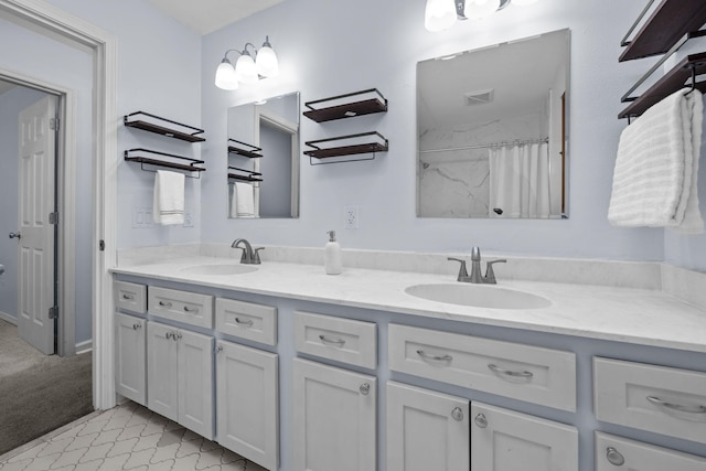 full bathroom featuring double vanity, a sink, visible vents, and a shower with curtain