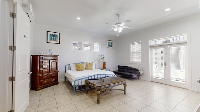 bedroom with ornamental molding, access to exterior, light tile patterned floors, and ceiling fan