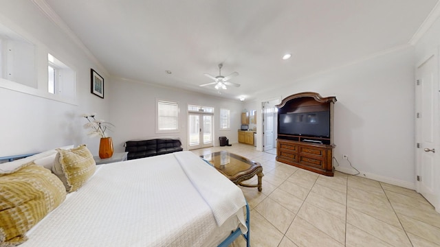 bedroom featuring ornamental molding, light tile patterned floors, and ceiling fan