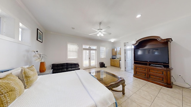 tiled bedroom featuring crown molding and ceiling fan