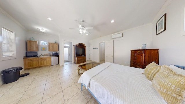 tiled bedroom with ceiling fan, ornamental molding, multiple windows, and a wall mounted AC