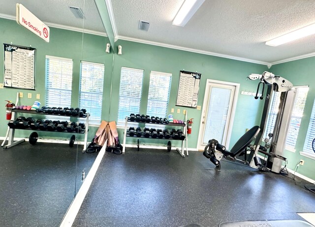 200 Sandestin Ln Unit 1307, Miramar Beach, FL 32550 - exercise room with crown molding, a textured ceiling, and baseboards