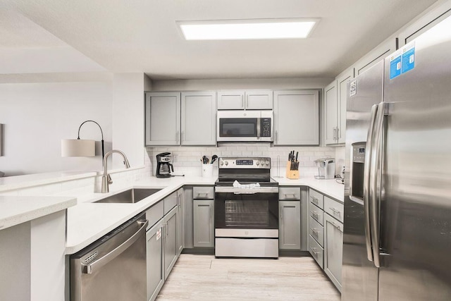 15928 Front Beach Rd Unit 3-409, Panama City Beach, FL 32413 - kitchen with a sink, appliances with stainless steel finishes, gray cabinets, and backsplash