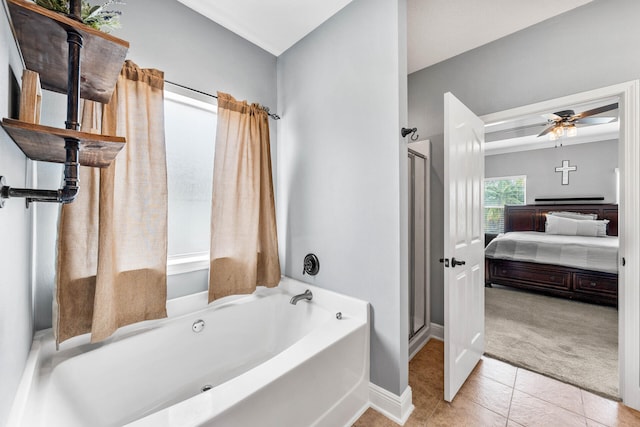 bathroom featuring independent shower and bath, tile patterned floors, and ceiling fan