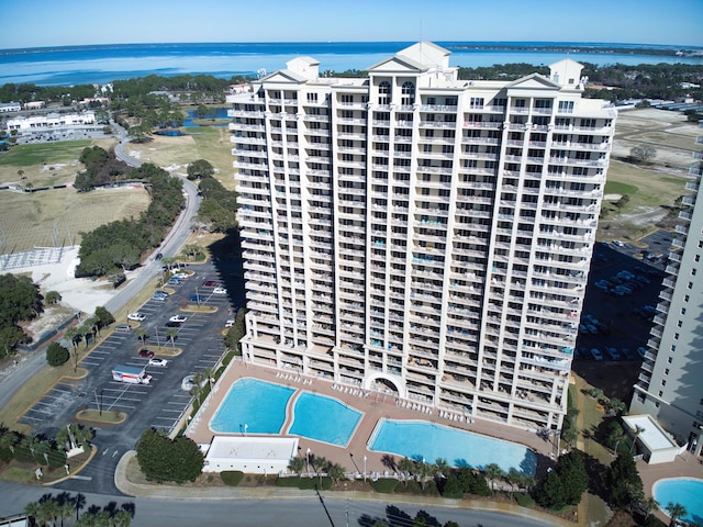 birds eye view of property featuring a water view