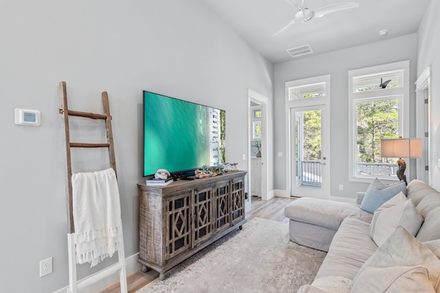 88 Beth Ln, Santa Rosa Beach, FL 32459 - living room featuring visible vents, a ceiling fan, baseboards, and wood finished floors