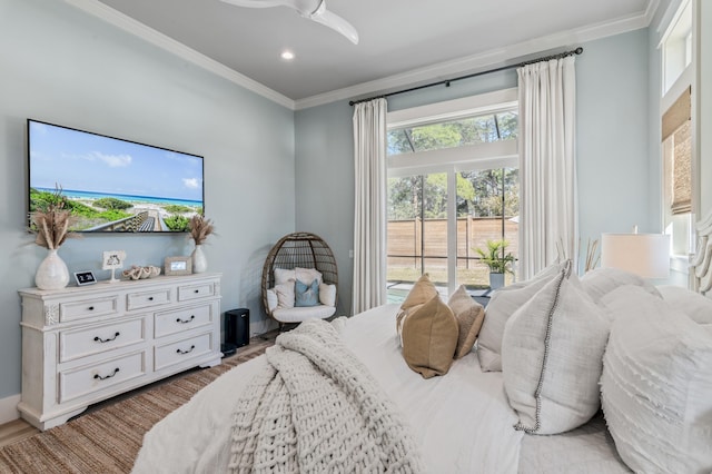 88 Beth Ln, Santa Rosa Beach, FL 32459 - bedroom featuring ceiling fan, wood finished floors, ornamental molding, and recessed lighting