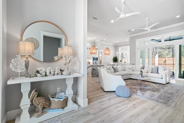 88 Beth Ln, Santa Rosa Beach, FL 32459 - living room with visible vents, ceiling fan, ornamental molding, recessed lighting, and wood finished floors