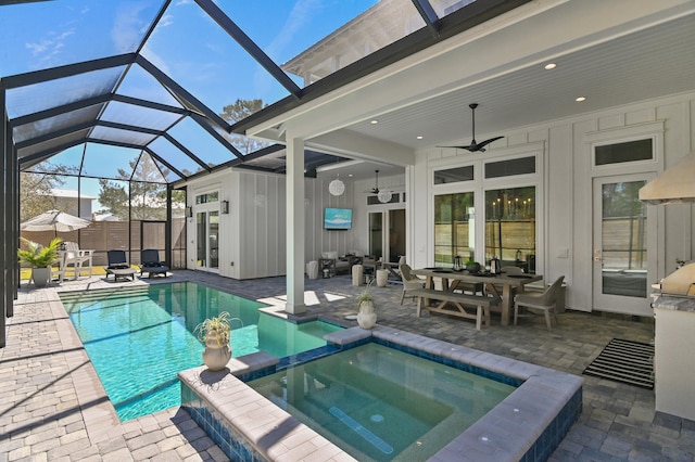 88 Beth Ln, Santa Rosa Beach, FL 32459 - view of pool with a ceiling fan, a patio area, fence, and a pool with connected hot tub