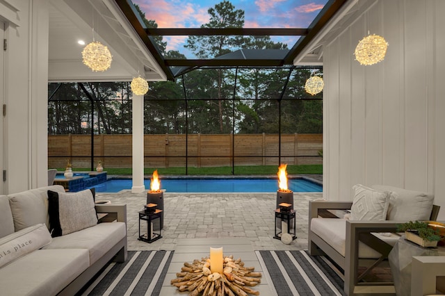 88 Beth Ln, Santa Rosa Beach, FL 32459 - view of swimming pool with an outdoor living space, a fenced backyard, a lanai, and a patio area