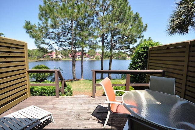 wooden deck featuring a water view