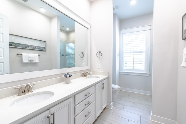 bathroom with vanity, toilet, and walk in shower