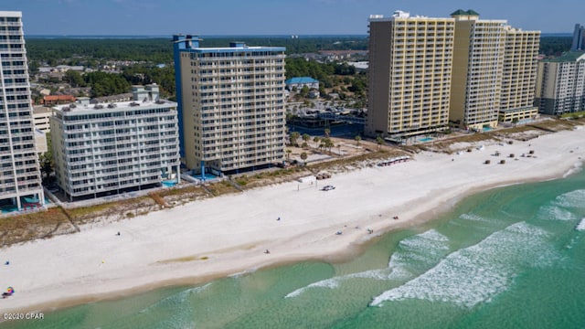 drone / aerial view with a water view and a view of the beach