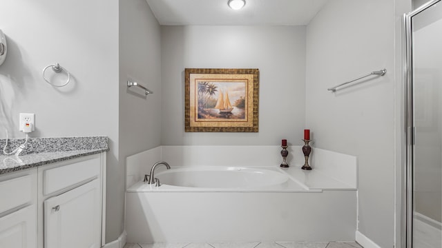 bathroom featuring vanity, shower with separate bathtub, a textured ceiling, and tile patterned flooring