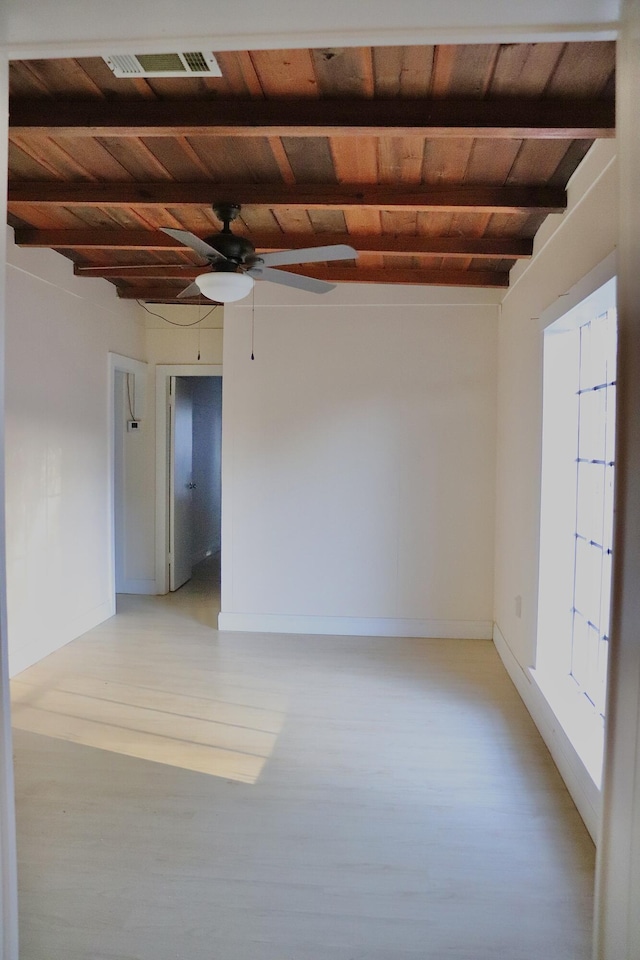 unfurnished room with visible vents, wooden ceiling, beamed ceiling, light wood-type flooring, and ceiling fan