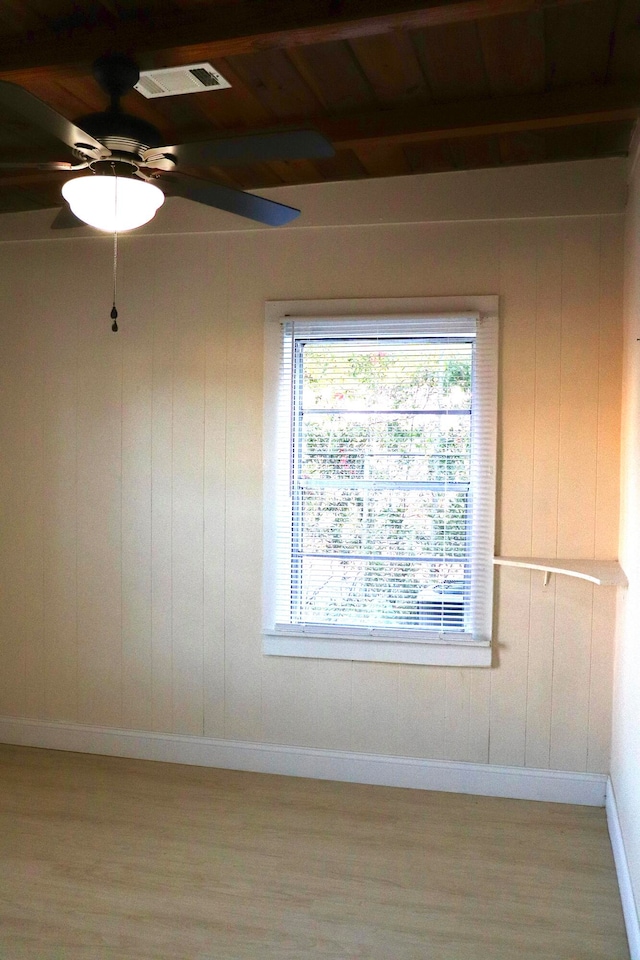 spare room featuring beamed ceiling, wood ceiling, wood-type flooring, and ceiling fan