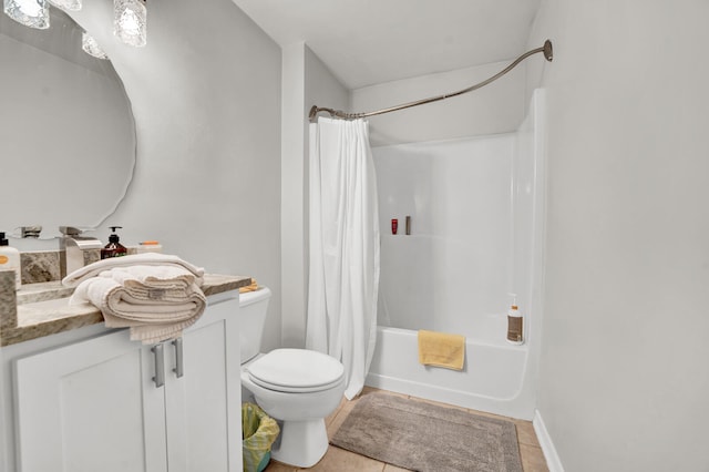 full bathroom featuring vanity, shower / bath combo, toilet, and tile patterned floors