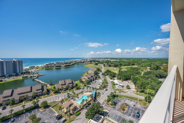 drone / aerial view with a water view