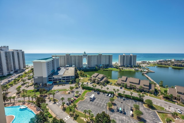 drone / aerial view with a water view