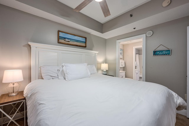 bedroom featuring connected bathroom and ceiling fan