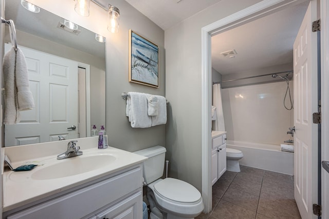 full bathroom featuring vanity, shower / tub combo with curtain, toilet, and tile patterned flooring