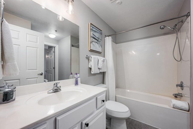 full bathroom featuring a textured ceiling, toilet, vanity, shower / tub combo with curtain, and tile patterned floors