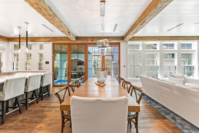 dining space with beamed ceiling, a healthy amount of sunlight, and dark hardwood / wood-style flooring