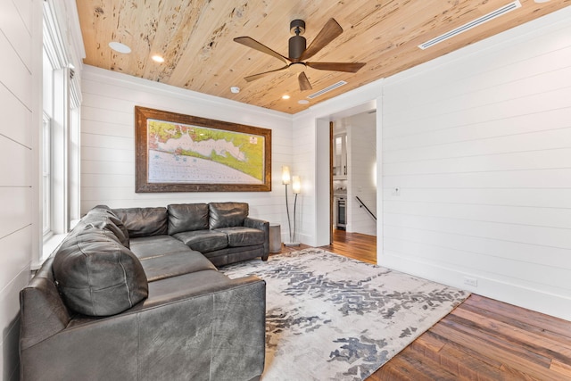 living room featuring ceiling fan, wood ceiling, wooden walls, and hardwood / wood-style floors