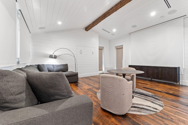 living room with lofted ceiling with beams and dark hardwood / wood-style flooring