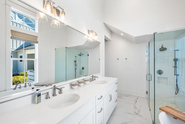 bathroom featuring vanity, a chandelier, and an enclosed shower