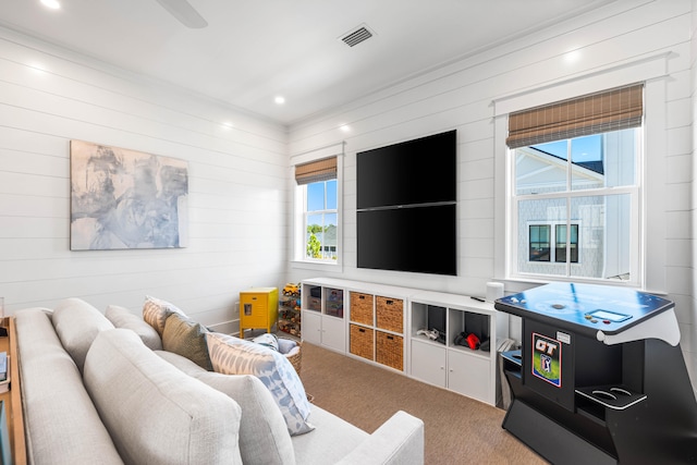 living room with carpet flooring, a wealth of natural light, and wooden walls