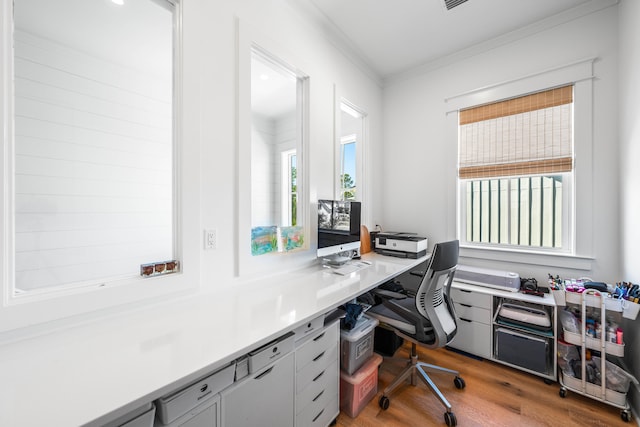 office with ornamental molding, a wealth of natural light, and hardwood / wood-style floors