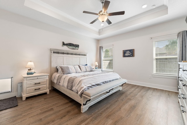 bedroom featuring ceiling fan, a tray ceiling, and dark hardwood / wood-style flooring